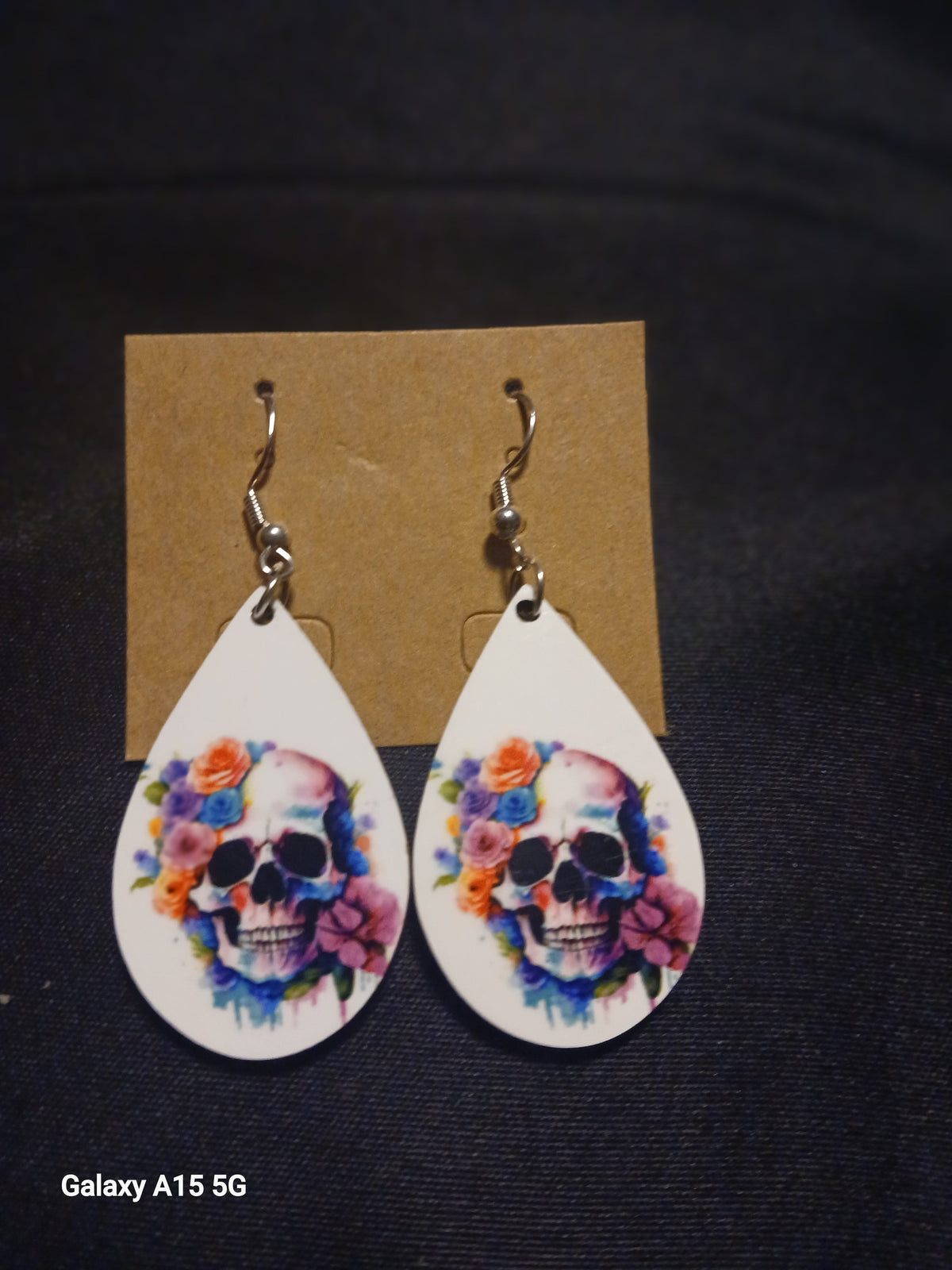 Floral Skull Wooden Teardrop Earrings