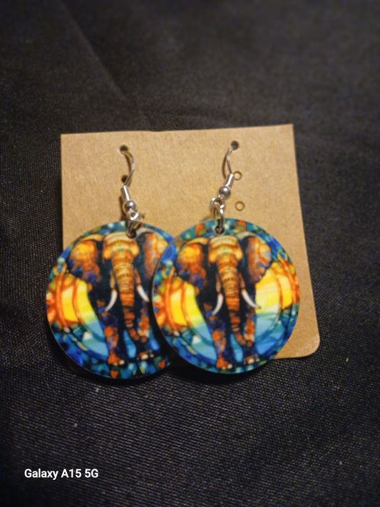 Colorful Elephant Wooden Round Earrings